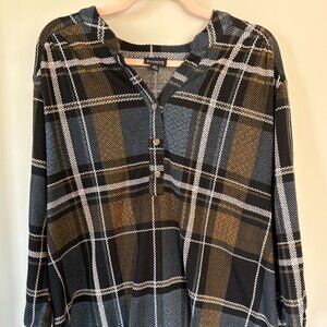 En Focus Studio 3X Plaid Blouse Women Plus Size Button Front 3/4 Sleeve